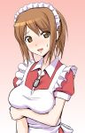  1girl apron breast_hold breast_rest breasts brown_eyes brown_hair dog_tags futaba_channel gradient gradient_background kudoi looking_at_viewer maid maid_apron maid_headdress nijiura_maids simple_background solo sweatdrop takayaki 