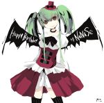  1girl black_bow black_bowtie bow bowtie brown_eyes c.c. code_geass cowboy_shot dress evil_smile head_tilt keko looking_at_viewer puffy_short_sleeves puffy_sleeves red_dress shaded_face short_sleeves sidelocks smile solo standing twintails 