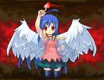  1girl ahoge angel_wings azuki_akizuki blue_hair havemoon long_hair magic red_eyes smile solo thigh-highs wings zettai_ryouiki 