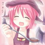  1girl animal_ears apron blush closed_eyes des female food hat holding holding_spoon mystia_lorelei naked_apron pink_hair pov_feeding solo spoon touhou wings 