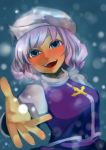  1girl blue_eyes blush female hat letty_whiterock mame_usagi purple_hair short_hair smile snow solo touhou 