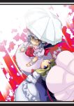  2girls ascot blonde_hair dress female from_above jinkou_no_kuma kumata looking_at_viewer looking_up multiple_girls puffy_short_sleeves puffy_sleeves red_eyes remilia_scarlet short_hair short_sleeves silver_hair standing standing_on_one_leg tabard touhou umbrella violet_eyes white_dress wrist_cuffs yakumo_yukari 