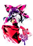  1girl bow detached_sleeves dress female full_body hair_bow hakurei_reimu long_hair long_sleeves looking_at_viewer purple_hair red_bow red_dress rei_(artist) rei_(rei&#039;s_room) ribbon-trimmed_sleeves ribbon_trim simple_background solo text touhou very_long_hair violet_eyes white_background 
