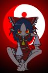  1girl ascot barefoot black_hair bow detached_sleeves evil_smile female full_body hair_bow hair_tubes hakurei_reimu long_sleeves looking_at_viewer mzh red_bow red_eyes red_skirt ribbon-trimmed_sleeves ribbon_trim short_hair sidelocks sitting skirt smile soles solo toes touhou vest yellow_sclera 