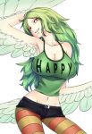  1girl arm_behind_head armpits bare_shoulders belly breasts cleavage clothes_writing collarbone cowboy_shot eyebrows eyelashes feathered_wings green_hair groin harpy head_tilt highres impossible_clothes impossible_shirt large_breasts lchrno long_hair looking_at_viewer midriff monet_(one_piece) monster_girl navel one_piece open_mouth parted_lips shirt short_shorts shorts simple_background smile solo striped striped_legwear tank_top teeth wavy_hair white_background wings yellow_eyes 