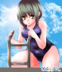  1girl bad_id brown_eyes c2 chako_nejio clouds curvy green_hair kazuki leaning_forward looking_at_viewer one-piece_swimsuit outdoors pool pool_ladder poolside school_swimsuit short_hair sky solo swimsuit wet 