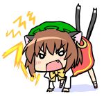  1girl all_fours angry animal_ears bad_id cat_ears cat_tail chen chibi earrings fang female full_body hat jewelry lowres multiple_tails nekoyama simple_background solo tail touhou 