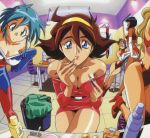  6+girls 90s allenby_beardsley bare_shoulders blue_eyes blue_hair bodysuit breasts brown_hair bunny_higgins cath_ronary cleavage dressing_room g_gundam green_eyes gundam janet_smith large_breasts lipstick makeup multiple_girls official_art rain_mikamura shirley_lane short_hair 