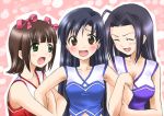  3girls :o ^_^ ^o^ ahoge amami_haruka bangs blue_dress blue_eyes blunt_bangs breasts brown_eyes brown_hair cheerleader cleavage closed_eyes collarbone dress green_eyes hug idolmaster itsuki_sayaka kisaragi_chihaya looking_at_viewer lowres miura_azusa multiple_girls open_mouth purple_dress red_dress short_hair sleeveless sleeveless_dress upper_body 