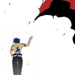  1boy back bandage blue_hair bodypaint cape flat_color from_behind kamina lowres male_focus shirtless solo tengen_toppa_gurren_lagann white_background 
