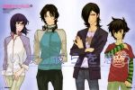  4boys absurdres allelujah_haptism glasses gundam gundam_00 highres kouga_yun lockon_stratos multiple_boys official_art scan setsuna_f_seiei tieria_erde yun_kouga 