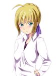  1girl ahoge blonde_hair blouse fate/stay_night fate_(series) female green_eyes hand_on_hip higata_akatsuki hips saber simple_background solo 