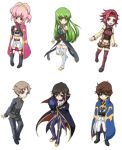  3boys 3girls :d anya_alstreim belt black_hair buckle c.c. cape chibi code_geass full_body green_hair hairband kallen_stadtfeld kururugi_suzaku lelouch_lamperouge long_hair military military_uniform mitsuki_meiya multiple_boys multiple_girls open_mouth pink_hair ponytail rolo_lamperouge simple_background smile standing thigh-highs uniform very_long_hair violet_eyes white_background yellow_eyes zero_(code_geass) 