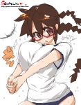  1girl borrowed_character bounce bouncing_breasts braid breasts brown_hair buruma glasses gym_uniform huge_breasts long_hair oekaki onija_tarou original solo twin_braids unaligned_breasts 