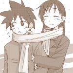  1boy 1girl brown kajiwara_ao kajiwara_sora lowres monochrome scarf shared_scarf sketchbook_full_colors 