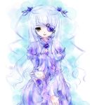  00s 1girl :d barasuishou cowboy_shot dress flower_eyepatch juliet_sleeves long_sleeves looking_at_viewer open_mouth puffy_sleeves purple_dress rozen_maiden silver_hair simple_background smile solo standing twintails usamisan white_background yellow_eyes 