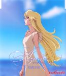  1girl bare_shoulders blonde_hair blue_sky brown_eyes collarbone day deianeira from_side heroic_age highres hirai_hisashi horizon long_hair ocean official_art profile sky solo text water 