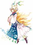 1girl bag blonde_hair boots chihiro_(kemonomichi) cross-laced_footwear female fox_tail hat lace-up_boots long_sleeves multiple_tails pillow_hat short_hair solo tabard tail tassel touhou traditional_media watercolor_(medium) white_background wide_sleeves yakumo_ran yellow_eyes 
