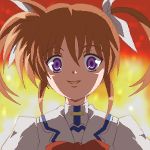  00s 1girl bow crazy_eyes fire lowres lyrical_nanoha magical_girl mahou_shoujo_lyrical_nanoha red_bow redhead solo takamachi_nanoha twintails violet_eyes white_devil 