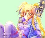  1girl bardiche blonde_hair cape coat english fate_testarossa lyrical_nanoha magical_girl mahou_shoujo_lyrical_nanoha mahou_shoujo_lyrical_nanoha_strikers main red_eyes solo thigh-highs twintails 