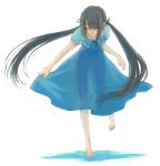 1girl barefoot black_hair blue_dress closed_eyes dress long_hair original see-through skirt_hold smile solo standing standing_on_one_leg twintails yuuryuu_nagare 