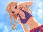  1girl 90s bikini blonde_hair blue_eyes breasts cleavage fang from_below game_cg hair_ornament hairclip horiuchi_sana jewelry murakami_suigun necklace pia_carrot_(series) pia_carrot_e_youkoso!! pia_carrot_e_youkoso!!_g.o. sky solo swimsuit 