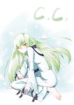  1girl barefoot c.c. character_name code_geass from_side full_body green_hair long_hair long_sleeves looking_at_viewer looking_to_the_side robe solo straitjacket very_long_hair yellow_eyes 