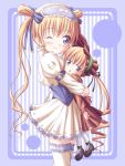  00s 2girls blonde_hair blue_background blue_eyes bonnet crossover dekosuke hug look-alike multiple_girls one_eye_closed rozen_maiden saint_october shinku shirafuji_natsuki sweatdrop wink 