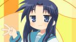  1girl asakura_ryouko blue_eyes blue_hair half_updo inui_nagi long_hair lucky_star motteke!_serafuku parody school_uniform serafuku solo suzumiya_haruhi_no_yuuutsu 