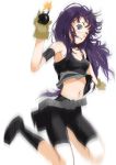  1girl bike_shorts bomb female flat_chest fuyuno_haruaki gloves jumping kiyal long_hair messy_hair midriff purple_hair simple_background solo tengen_toppa_gurren_lagann violet_eyes wink 