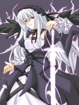  00s 1girl black_dress black_wings cross-laced_clothes dress energy_sword frilled_sleeves frills hairband juliet_sleeves lolita_hairband long_sleeves looking_at_viewer pink_eyes puffy_sleeves ribi rozen_maiden silver_hair solo suigintou sword weapon wings 