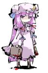  1girl blood book crescent female hair_ribbon hat long_hair looking_at_viewer lowres patchouli_knowledge purple_hair ribbon simple_background solo tokiame touhou violet_eyes white_background 