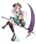  1girl black_legwear blazing_souls bloomers bridget_(blazing_souls) broom broom_riding dress green_skirt hat hirano_katsuyuki long_hair official_art puffy_sleeves purple_hair scythe sidesaddle simple_background skirt solo spectral_(series) thigh-highs underwear watermark white_background 