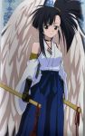  1girl asymmetrical_bangs bangs gloves katana mahou_sensei_negima! ponytail sakurazaki_setsuna sica_shishikushiro side_ponytail solo sword weapon wings 