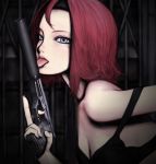  1girl blue_eyes breasts cleavage gun handgun iwai_ryou licking medium_breasts original pistol redhead solo suppressor weapon 