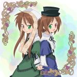  00s 2girls back-to-back brown_hair crossover heterochromia hiiragi_kagami hiiragi_tsukasa lucky_star multiple_girls rozen_maiden siblings sisters souseiseki suiseiseki takahashi_ren twins 