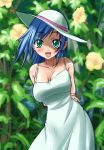  1girl blue_hair dress green_eyes happy hat kikkawa_kabao original short_hair solo sun_hat sundress 