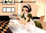  1girl black_hair checkered furudori_yayoi glasses maid shop short_hair solo tray window 