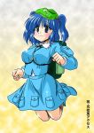  1girl blue_eyes blue_hair blush breasts female hat jumping kawashiro_nitori key pocket solo touhou yohinori 