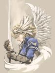  1girl blonde_hair closed_eyes pota pota_(nabrinko) solo sword valkyrie weapon wings 