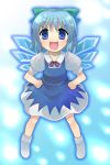  1girl blue_eyes blue_hair bow cirno fang female hands_on_hips open_mouth otoutogimi shoot_the_bullet short_hair socks solo touhou 