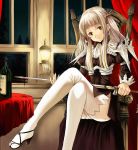  1girl alcohol armor legwear solo sword thigh-highs twintails weapon wine 