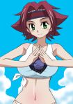  1girl armpits bare_shoulders blush clouds code_geass collarbone green_eyes headband kallen_stadtfeld long_hair midriff miyakodori_takayuki navel pose redhead shirt short_hair smile solo spiky_hair stomach tied_shirt white_shirt 