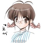  1girl ahoge akizuki_ritsuko brown_eyes brown_hair female glasses idolmaster kamiya_tomoe lowres shrimp simple_background solo 
