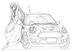  00s car dress ground_vehicle lineart long_hair mini_cooper monochrome morisoban motor_vehicle rozen_maiden suiseiseki vehicle 