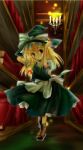  1girl blonde_hair bookshelf boots bow brown_eyes candelabra female hair_bow hand_on_headwear hat honokan kirisame_marisa library solo staring touhou witch_hat 