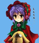  1girl blush bonnet bow capelet chipa_(arutana) cosplay crossover kunkun nagato_yuki purple_hair rozen_maiden shinku shinku_(cosplay) short_hair simple_background solo suzumiya_haruhi_no_yuuutsu yellow_eyes 