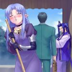  1girl 2boys assassin_(fate/stay_night) blush broom caster dress fate/stay_night fate_(series) kuzuki_souichirou long_dress lowres monohoshizao multiple_boys oekaki pointy_ears sword weapon zen 