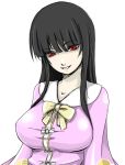  &gt;:d 1girl :d alternate_breast_size bangs black_hair blunt_bangs bow bowtie breasts capelet face female ginji_(sakaki_summer) grin head_tilt hime_cut houraisan_kaguya huge_breasts large_breasts lips long_hair looking_at_viewer open_mouth pale_skin red_eyes shiny shiny_clothes simple_background smile solo touhou upper_body white_background 