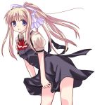  1girl :o air ascot black_dress blonde_hair blue_eyes bow contrapposto cross dress hair_bow kamio_misuzu leaning_forward long_hair looking_at_viewer lowres parted_lips ponytail puffy_short_sleeves puffy_sleeves school_uniform short_sleeves simple_background solo standing very_long_hair white_background 